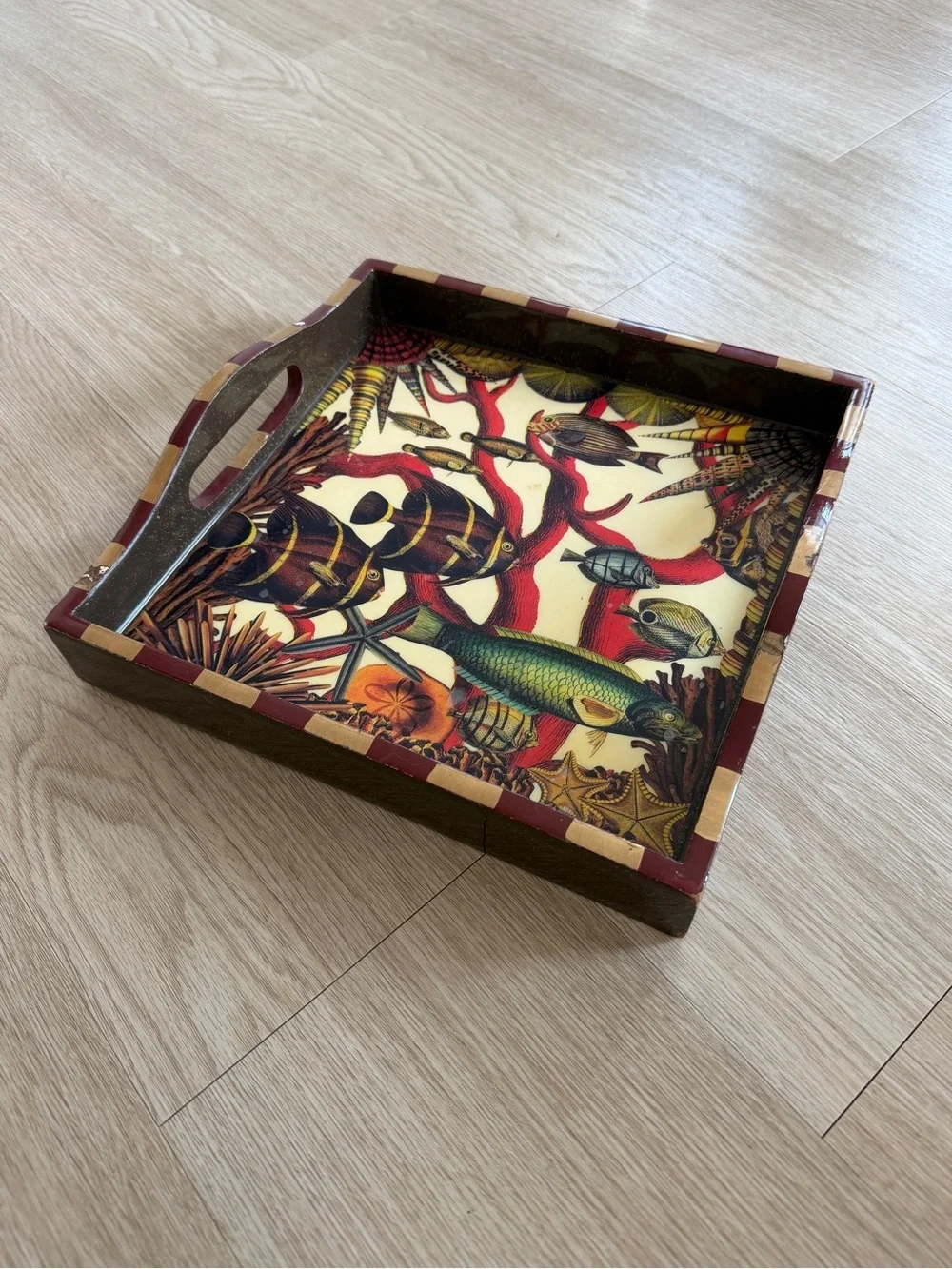 Anni Modica Oceans Fish Coral Reef Wood Tray Bar Art 12” x 12” -see description